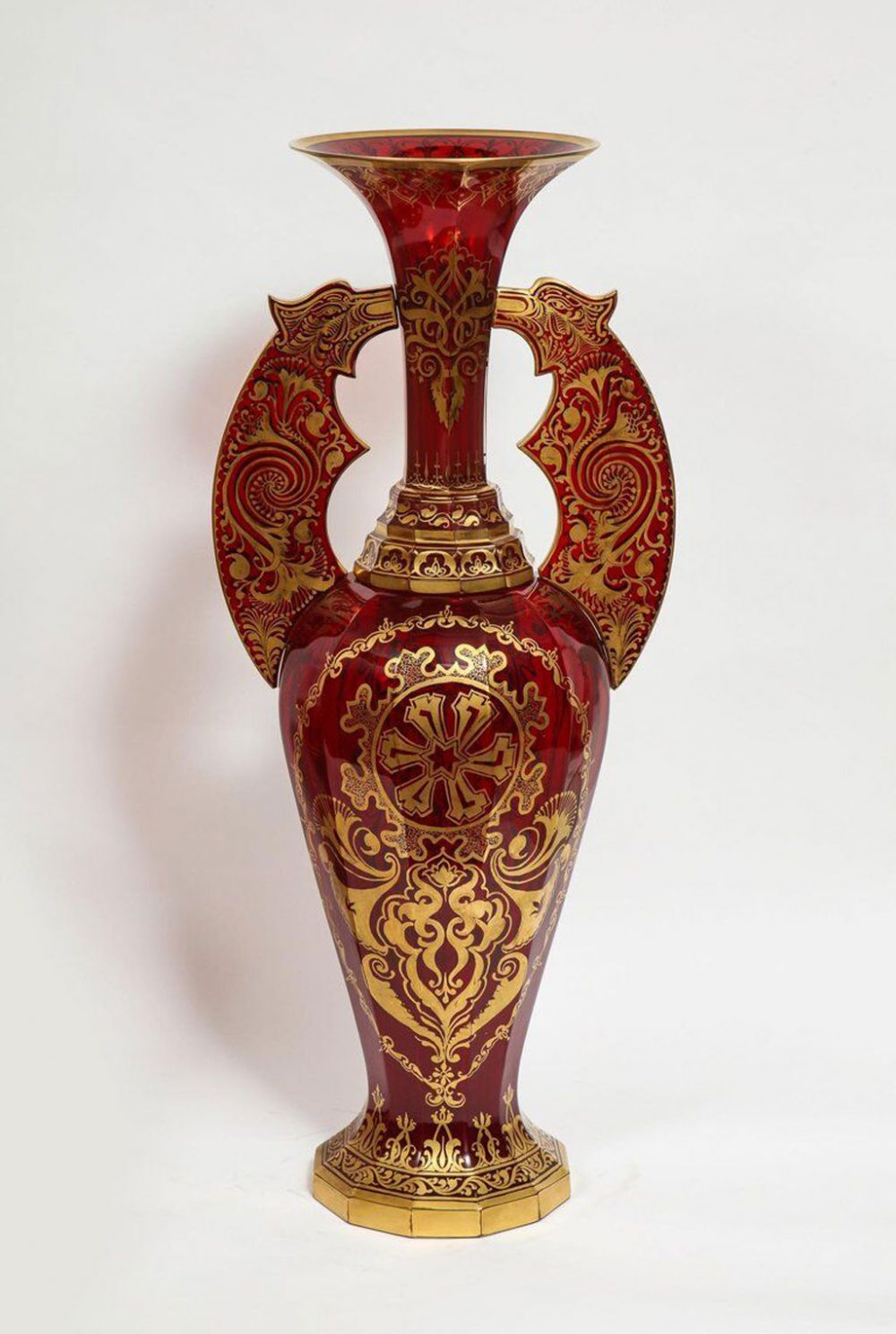 Monumental Pair Of Ruby Red Gilt Bohemian Alhambra Cut Glass Vases On Stands Greg Report