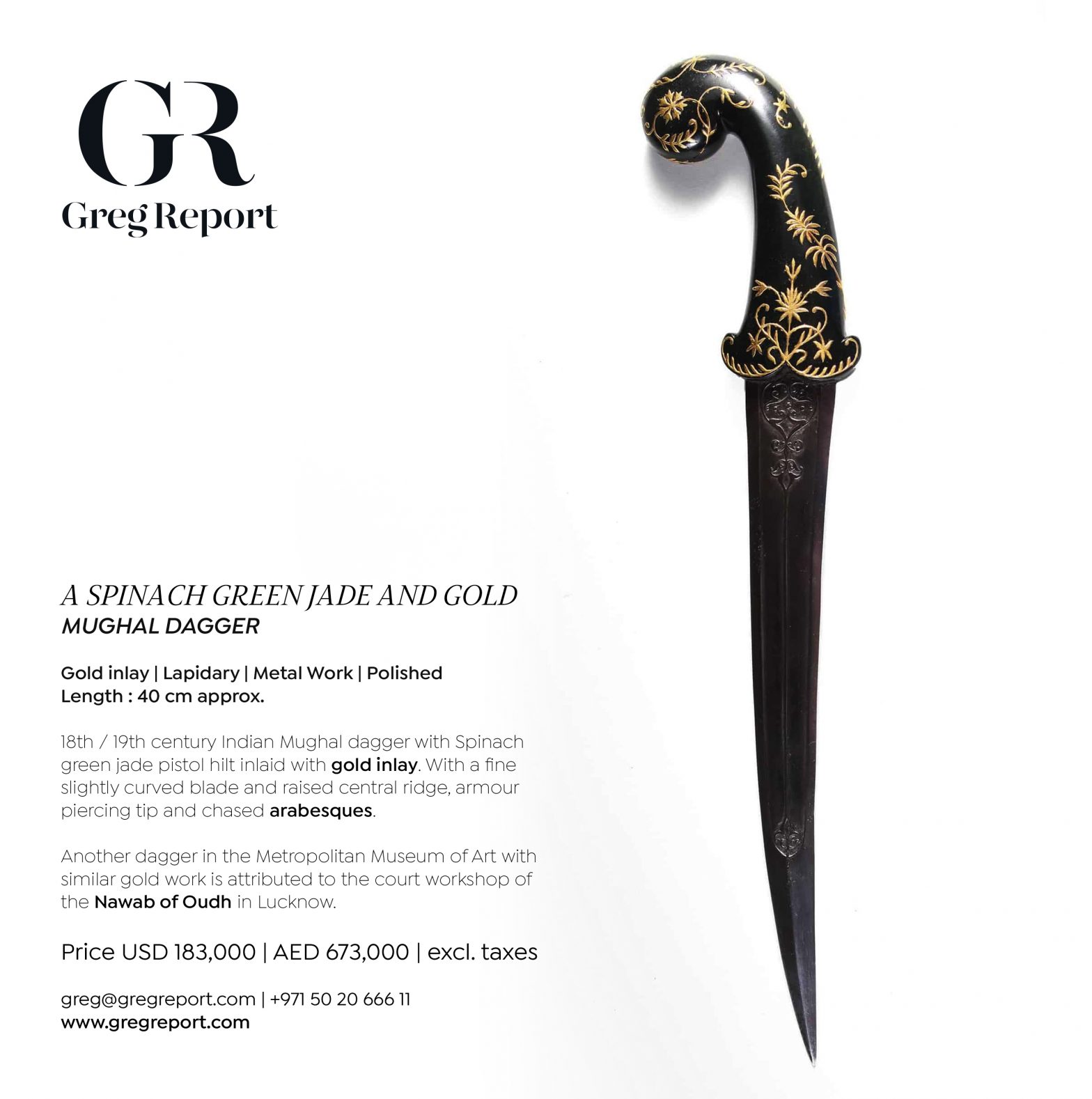 A Spinach Green Jade and Gold Mughal Dagger | Greg Report